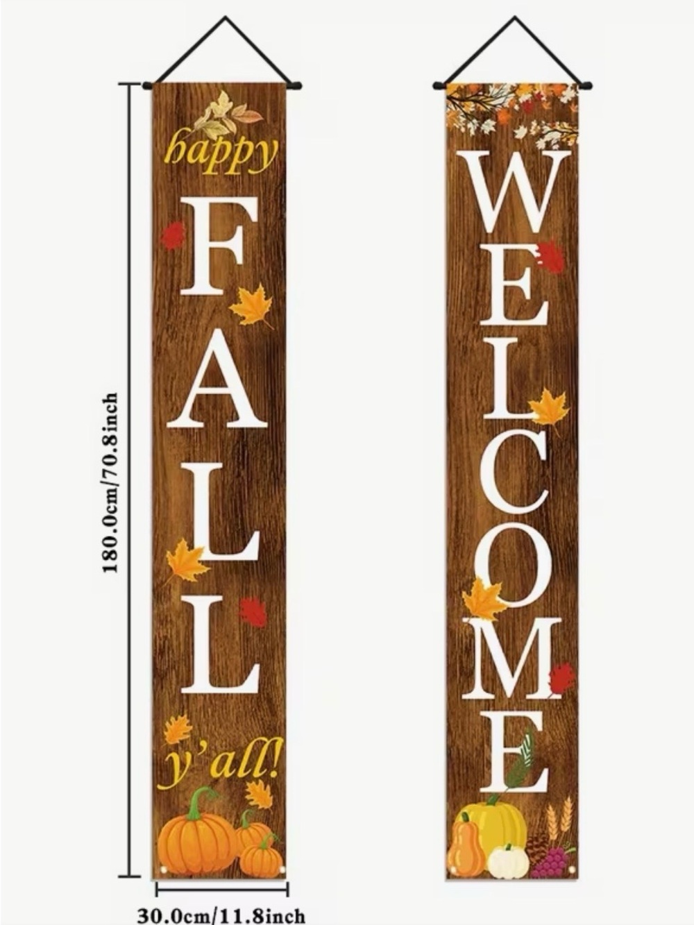 Happy Fall / Welcome Double-Sided Wood Grain Banner - Autumn Leaves & Pumpkins
